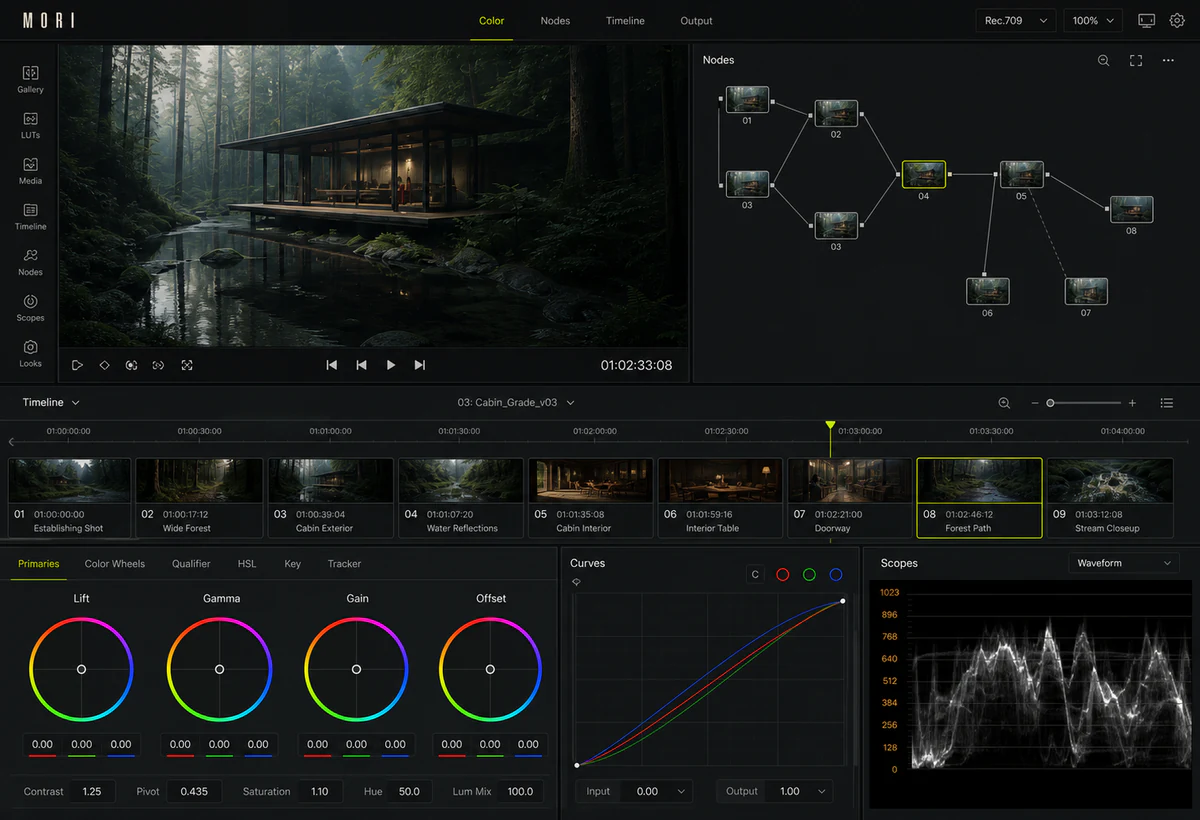 Dense operational workspace with timelines, nodes, and measurement scopes