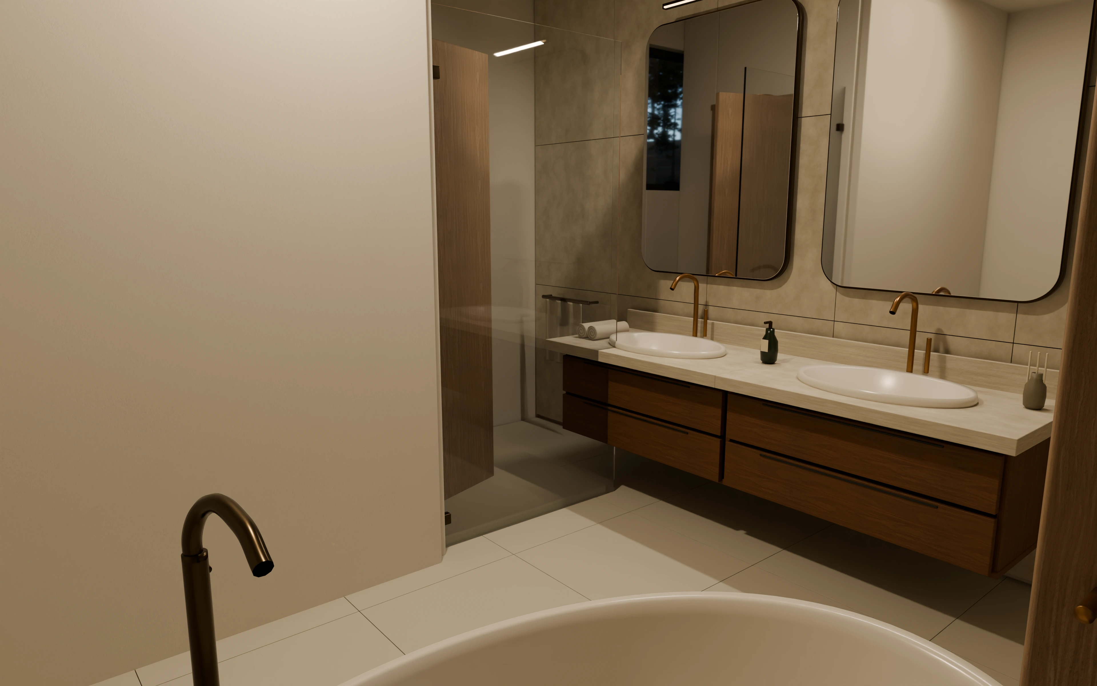 Stone vanity and softly rounded bathroom mirrors