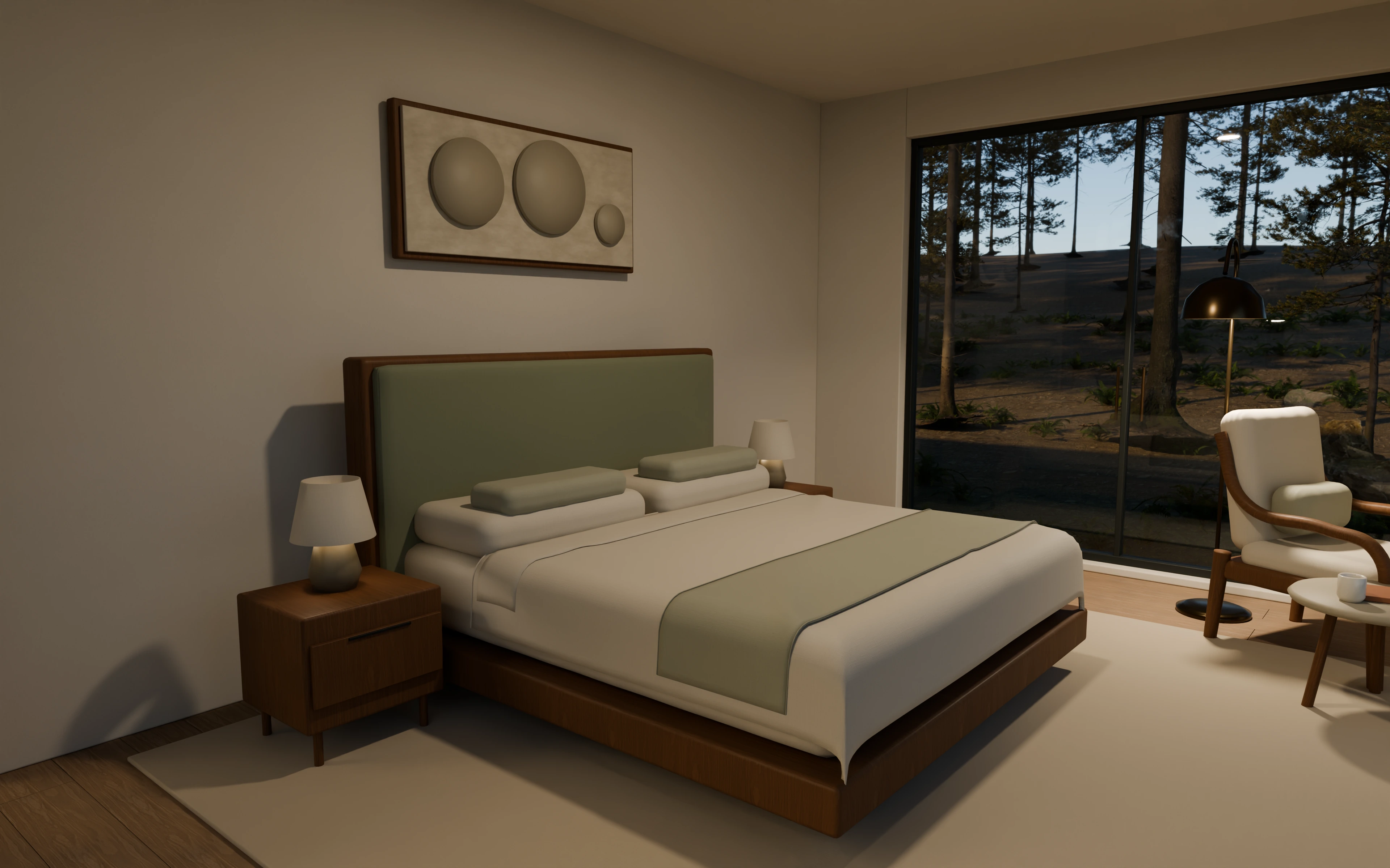 Timber bed with linen bedding and forest glazing