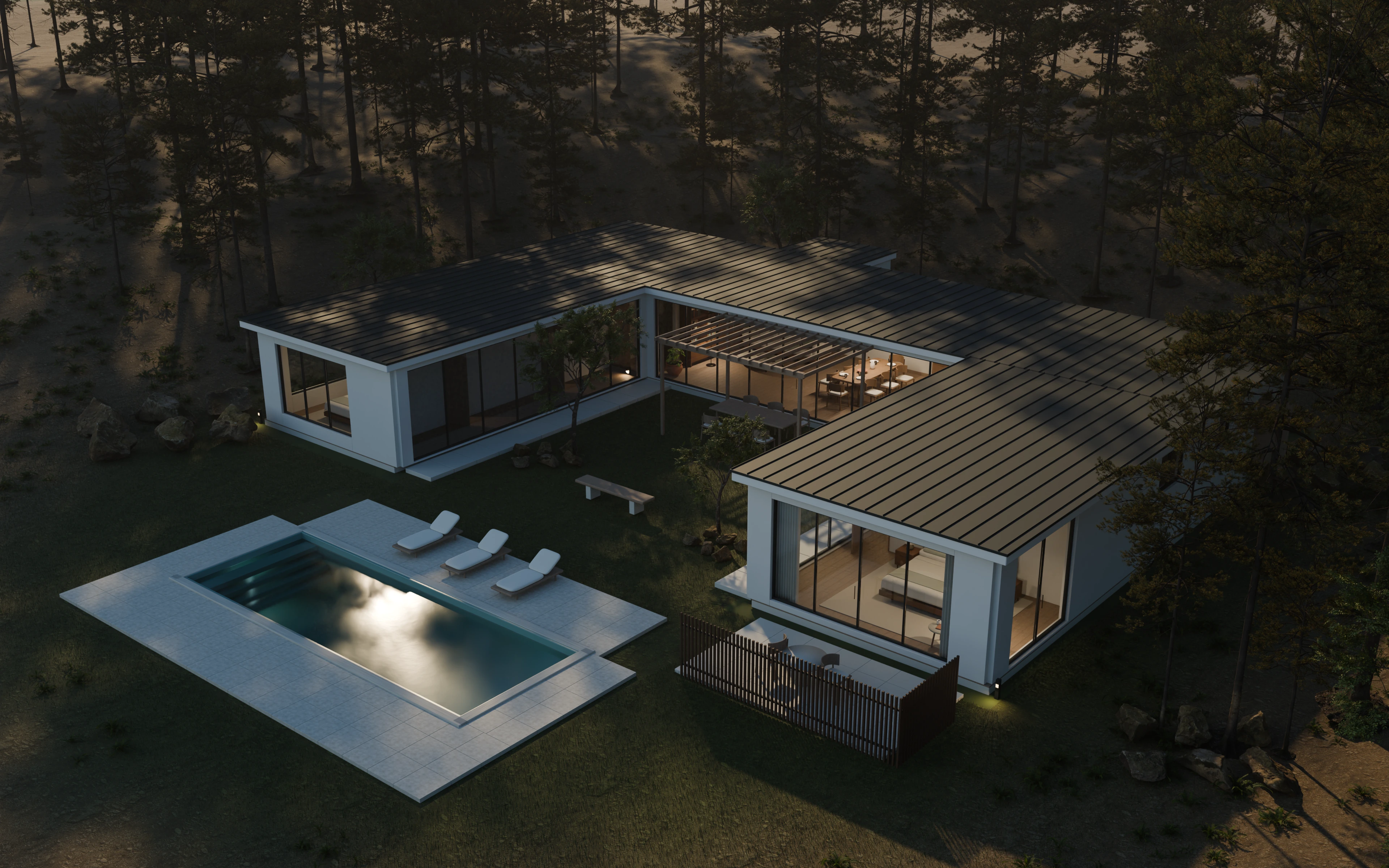 The U-shaped garden house and pool in the afternoon woodland