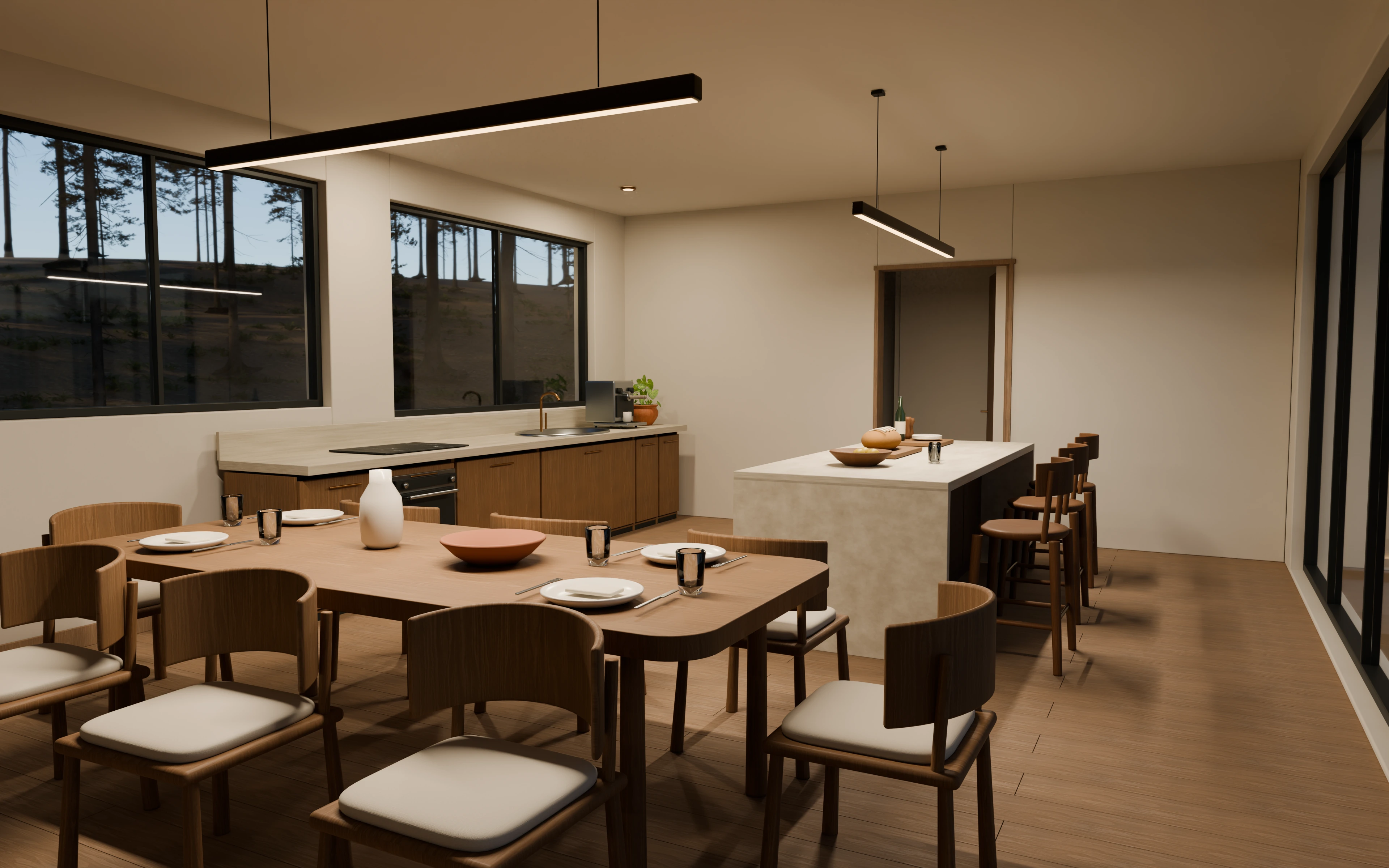 Oak dining table and stone kitchen island under warm linear lights