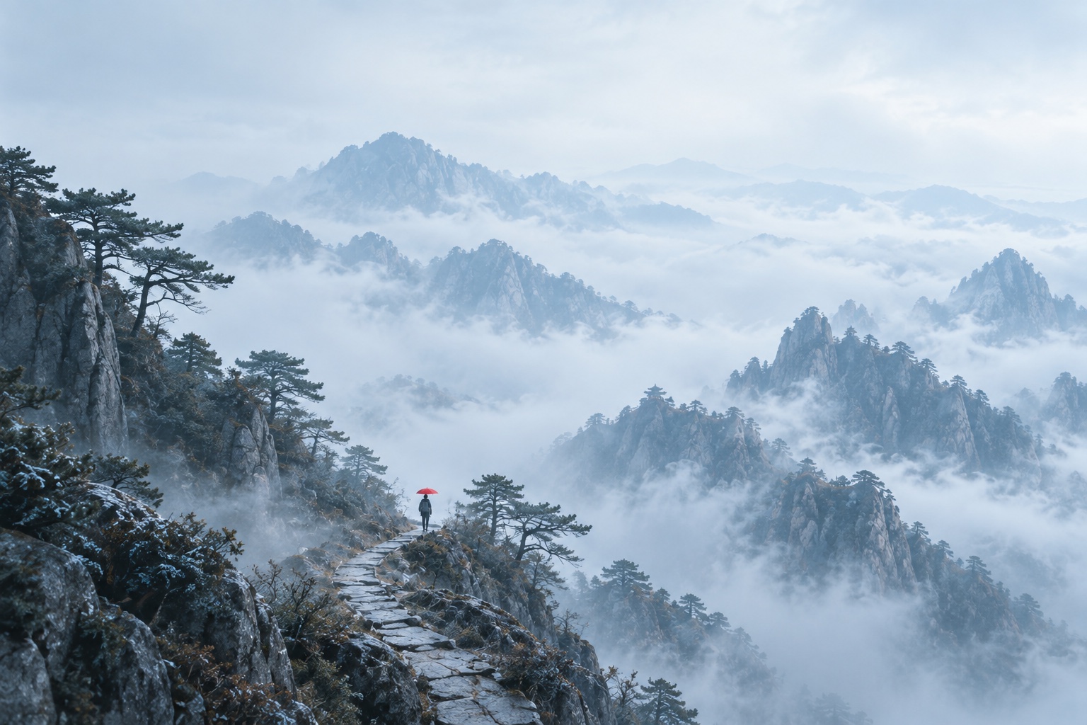 层叠青山与松林被云雾环绕，细窄山道上一位行人撑着红伞。