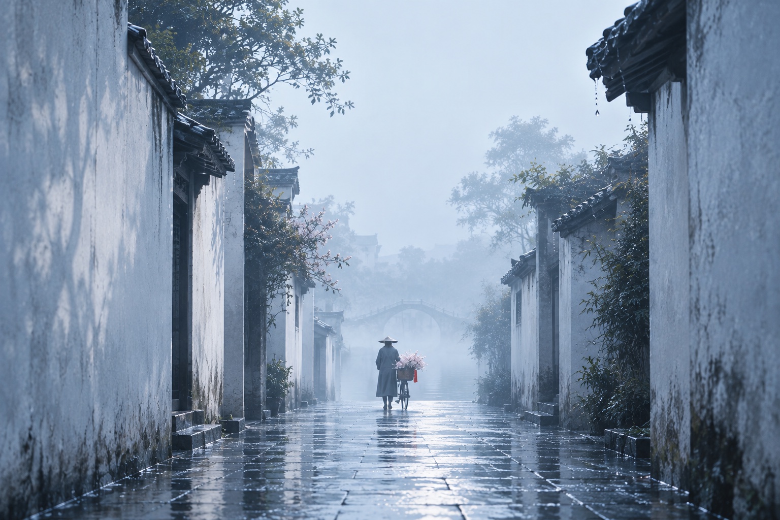 雨后的白墙深巷与湿润石板路，一位卖花人推着自行车从雾中走来。