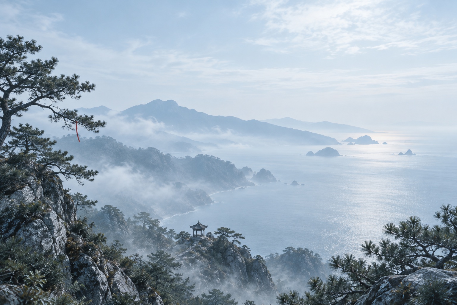 海岸松树迎风舒展,远处亭子与海面相望,一缕极小的朱红丝带系在松枝上。