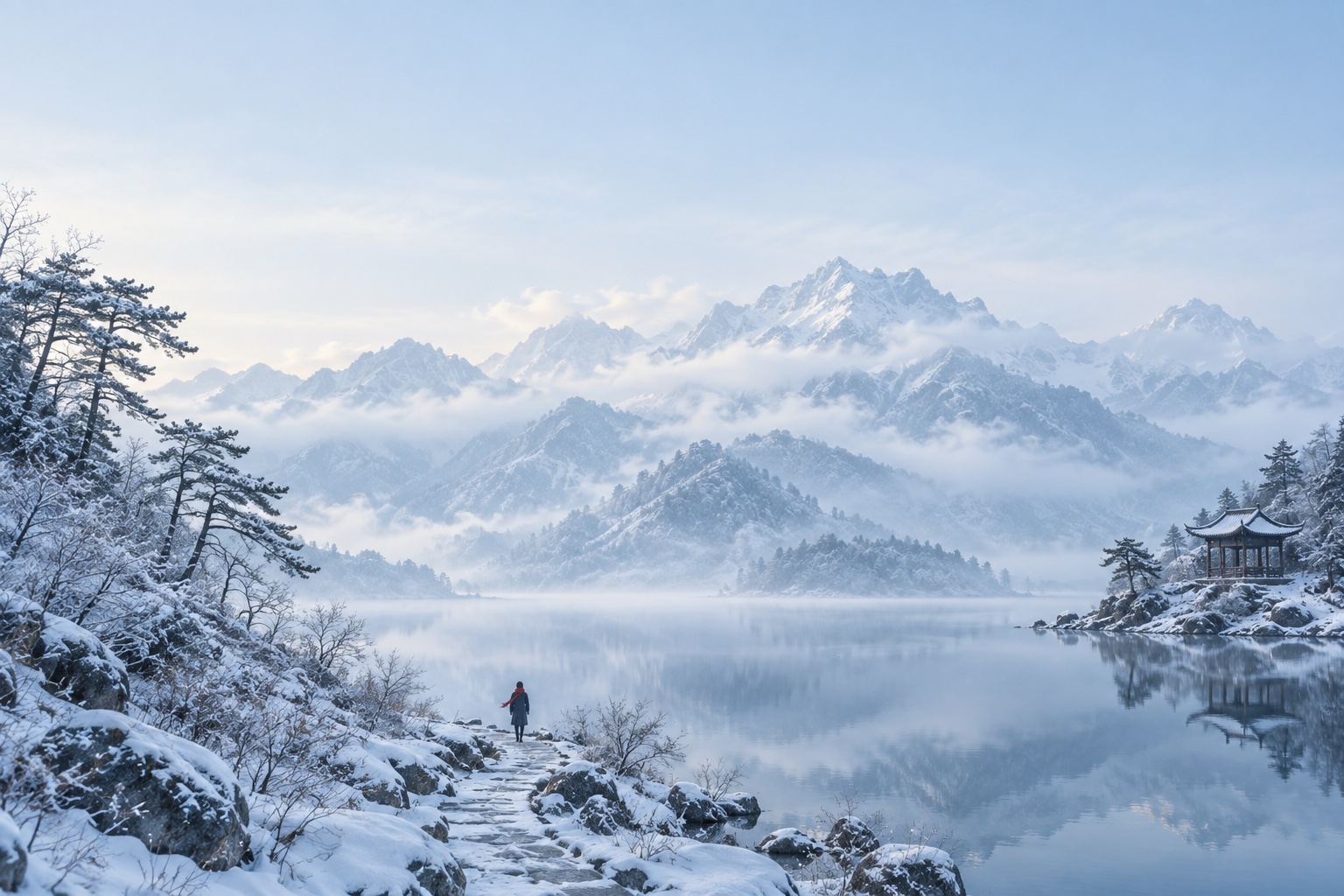 雪后湖岸映出青蓝山影，木亭与霜树之间，一位系红围巾的人缓缓行走。