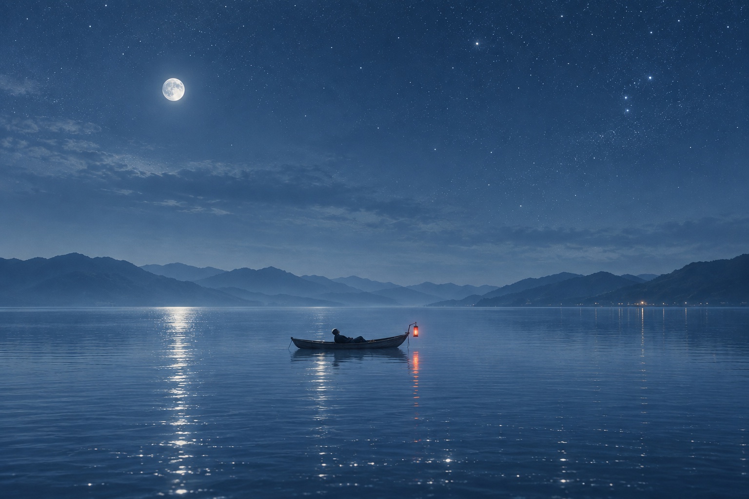 深蓝星空映在平静湖面,一叶小舟载着休憩的人,船头红灯映出细长倒影。