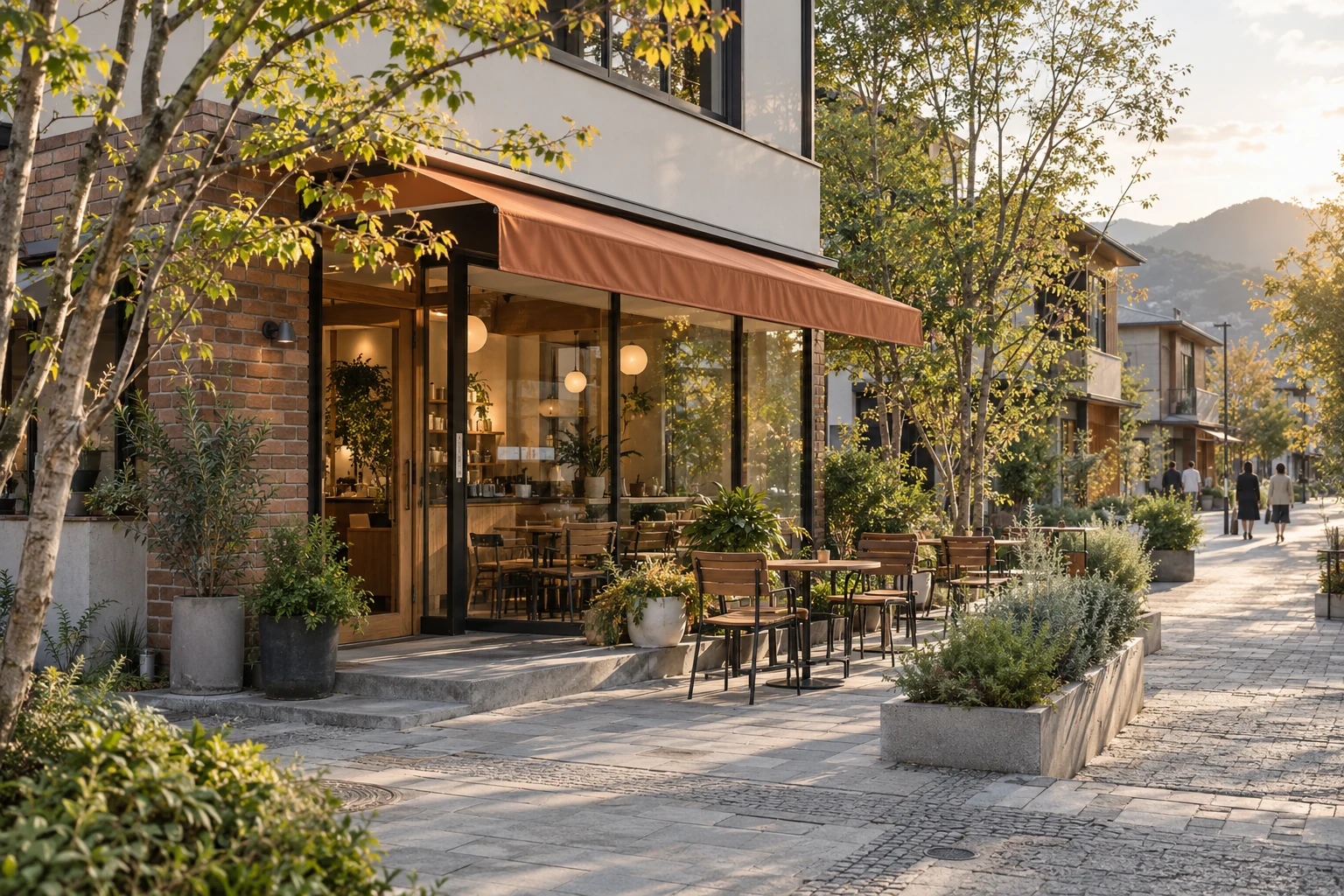 Neighborhood café with an orange awning and a planted public courtyard