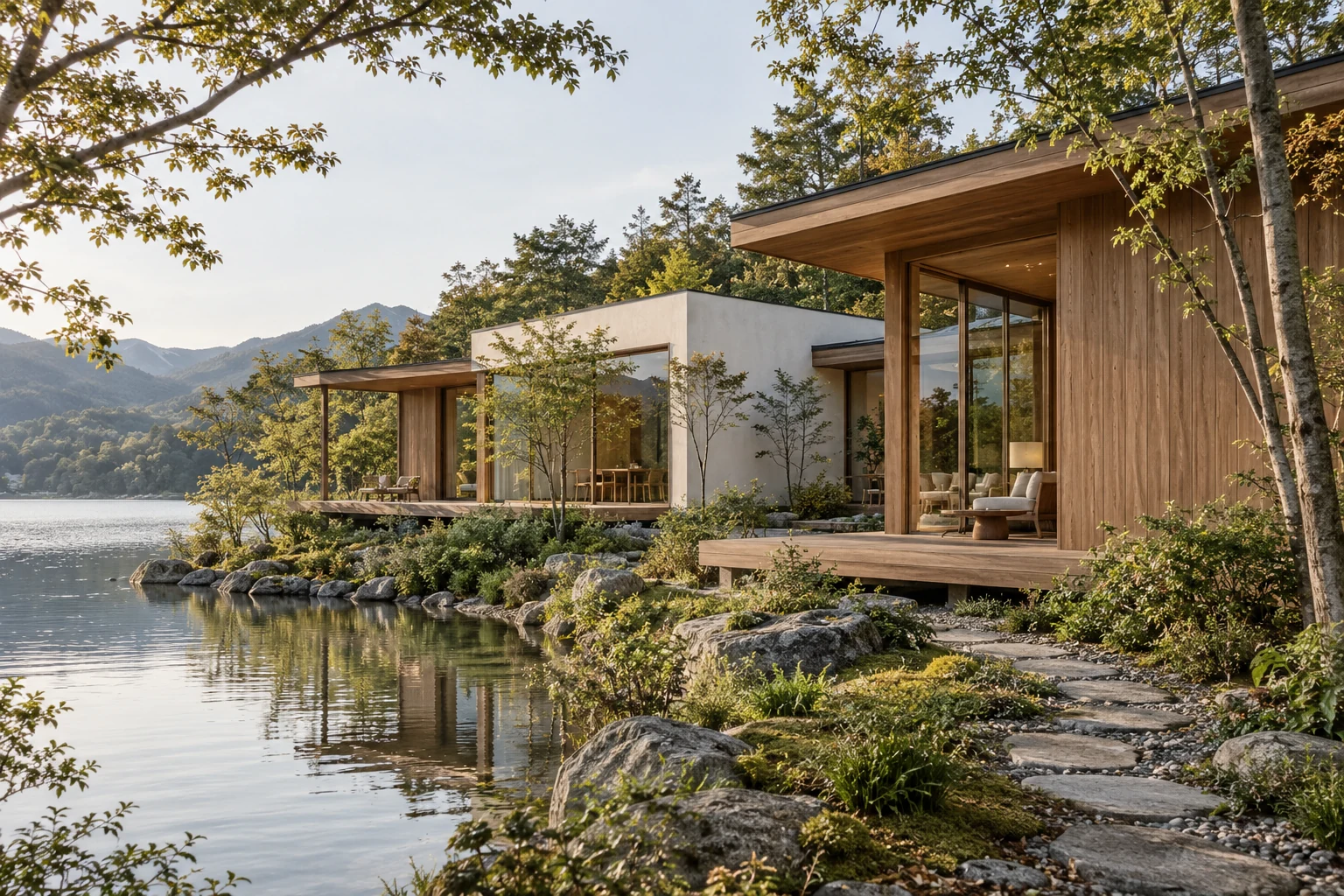 Timber and white boutique retreat beside a quiet lake and greenery