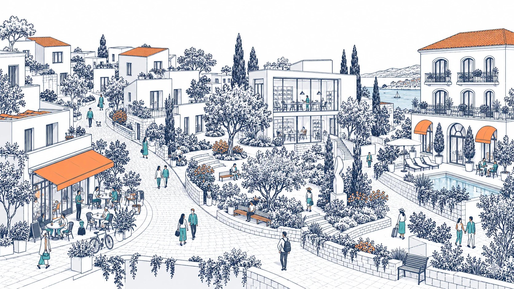 Original navy and orange line illustration of a neighborhood with homes, shops and shared spaces