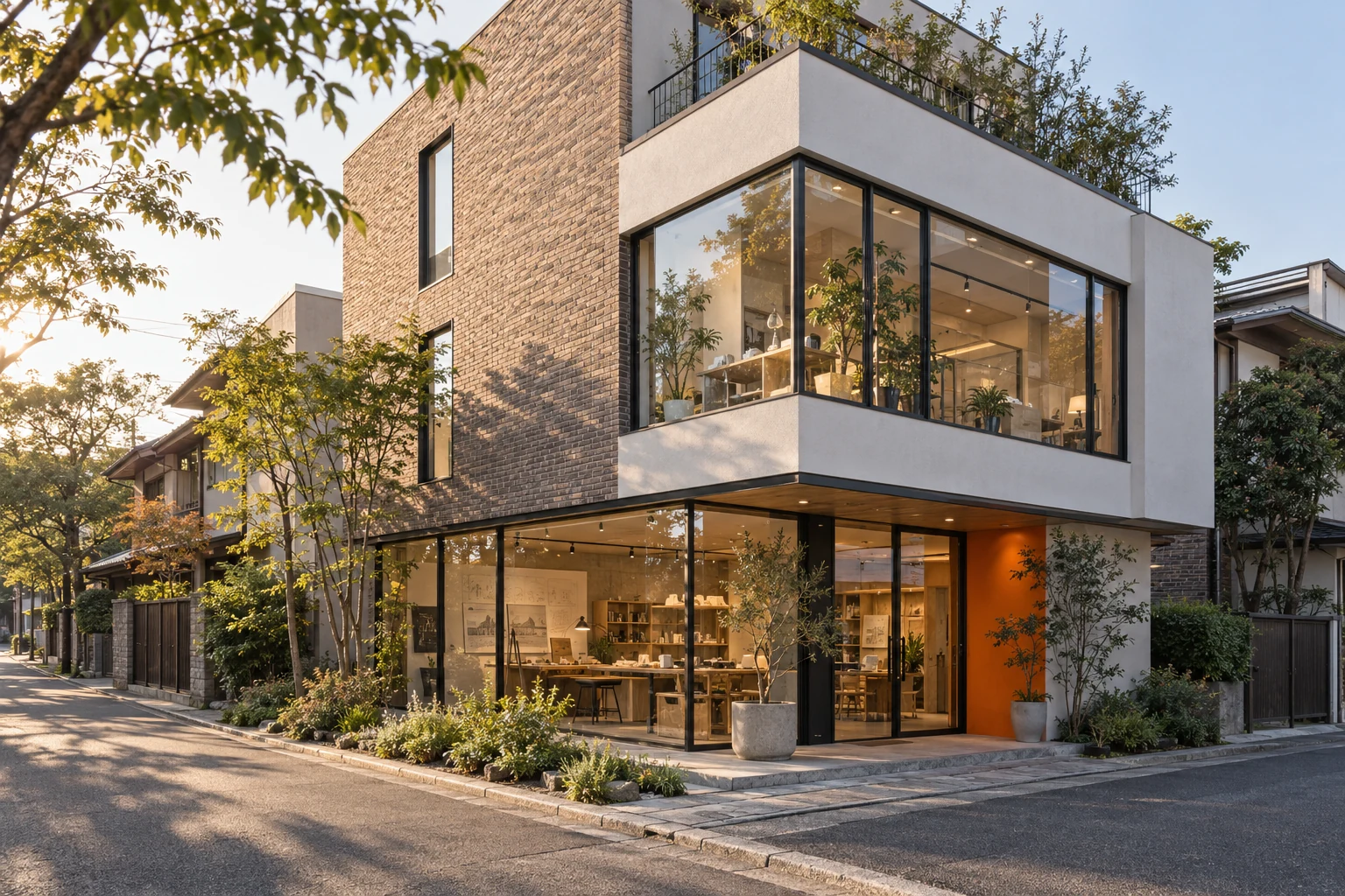 Contemporary brick and white mixed-use studio opening onto a walkable street