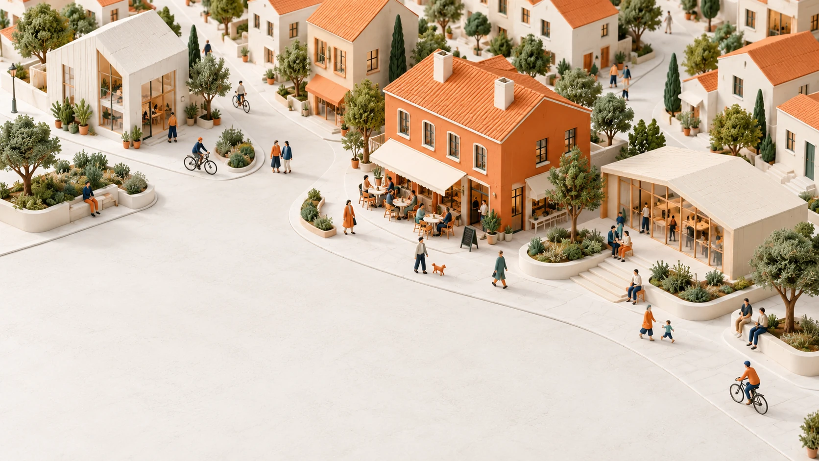 An original miniature neighborhood: white buildings, orange roofs, trees and people around a shared plaza