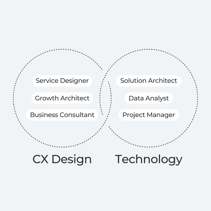 Overlapping CX design and technology teams with six specialist roles