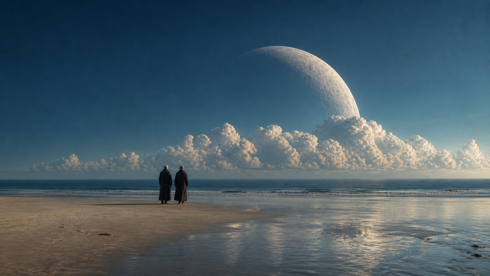 Two people standing on a quiet beach beneath a monumental pale moon and luminous cloud bank