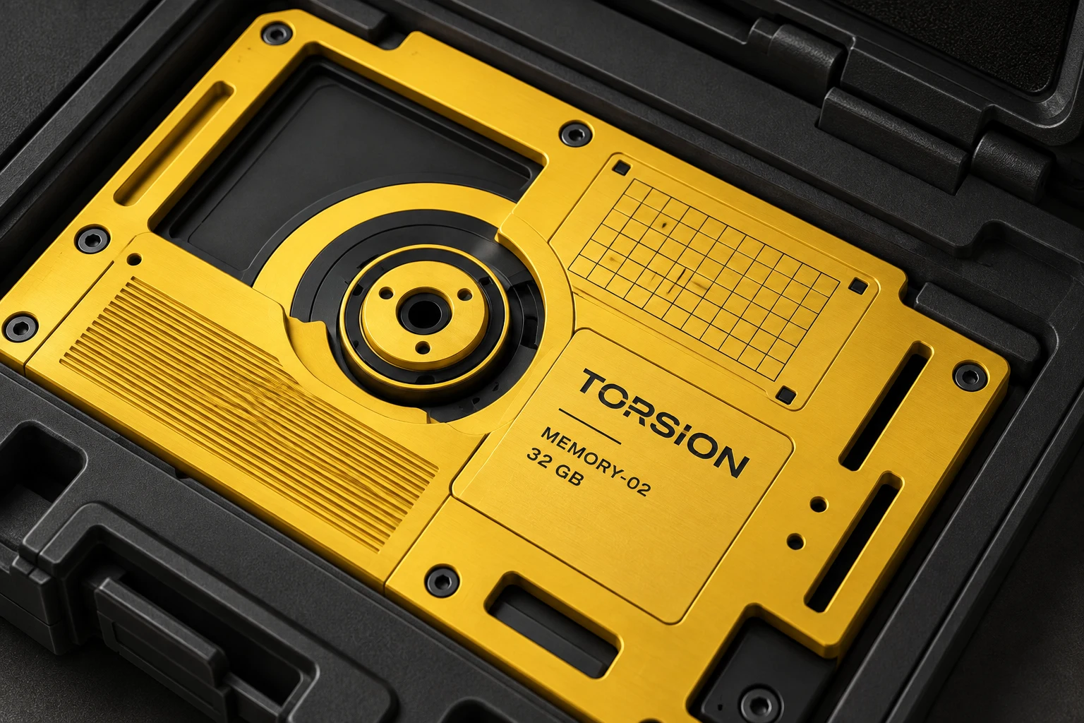 Yellow removable data cartridge inside a black protective case