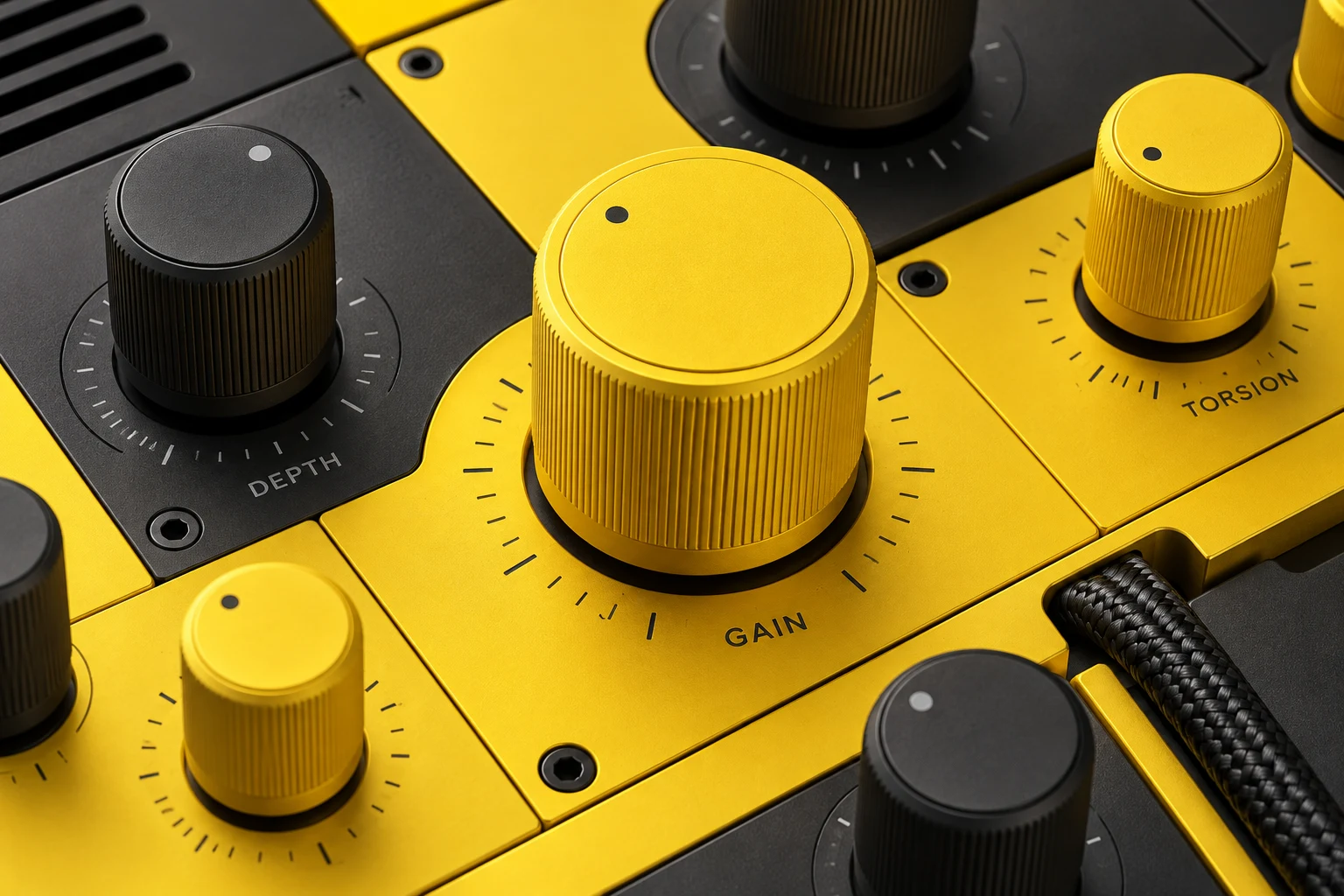 Yellow and charcoal machined control console with tactile rotary knobs