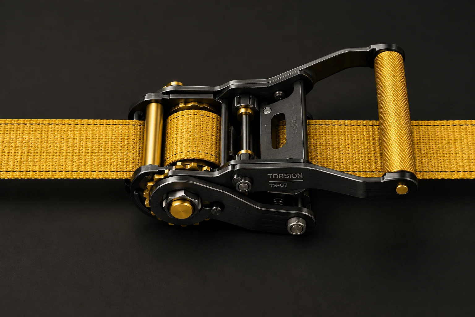 Black precision tensioner on a yellow woven strap