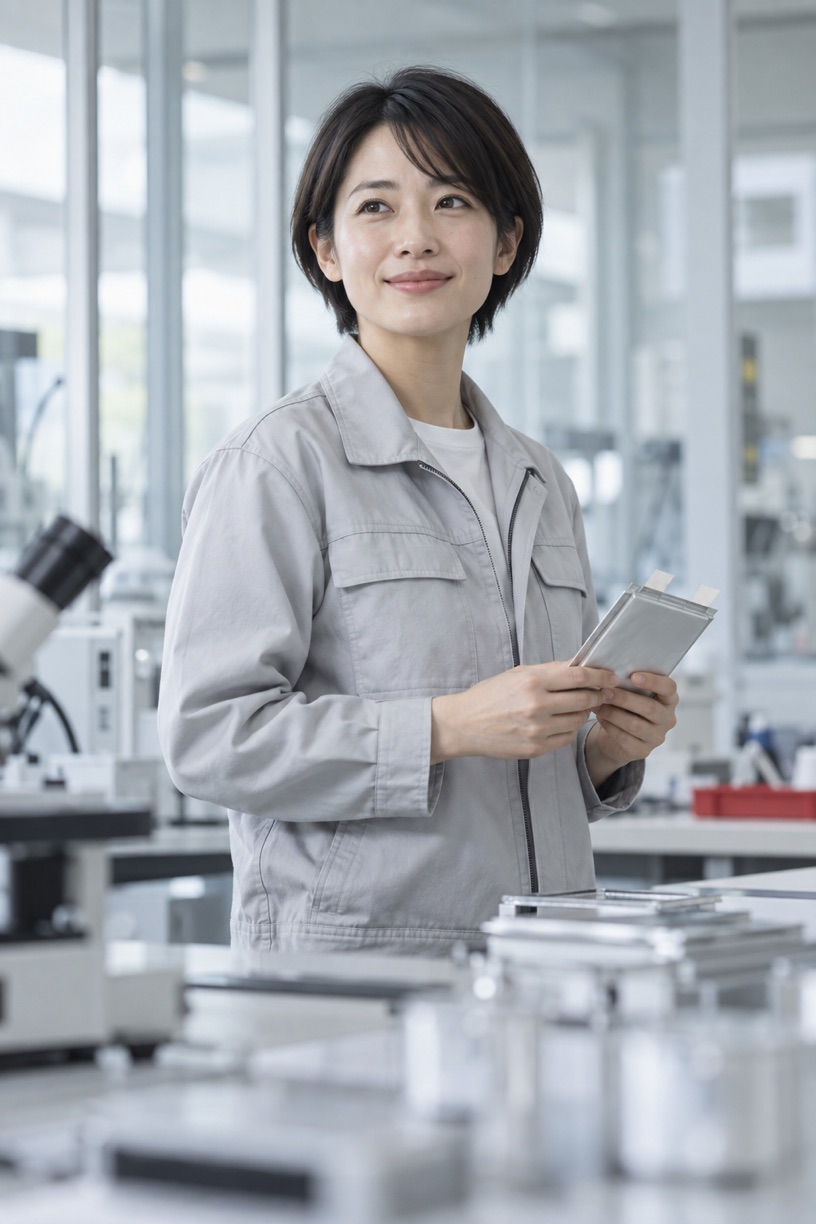 AI-generated portrait of a fictional engineer in a bright laboratory