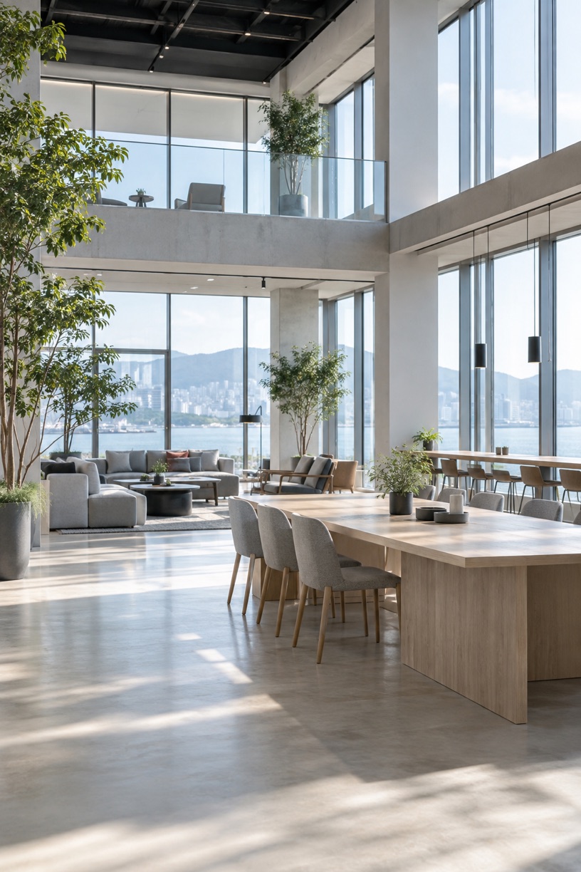 AI-generated sunlit communal workspace with oak tables and indoor trees