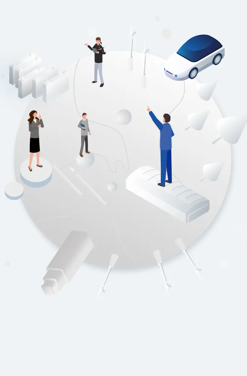 Miniature engineers and an electric car in an illustrated landscape